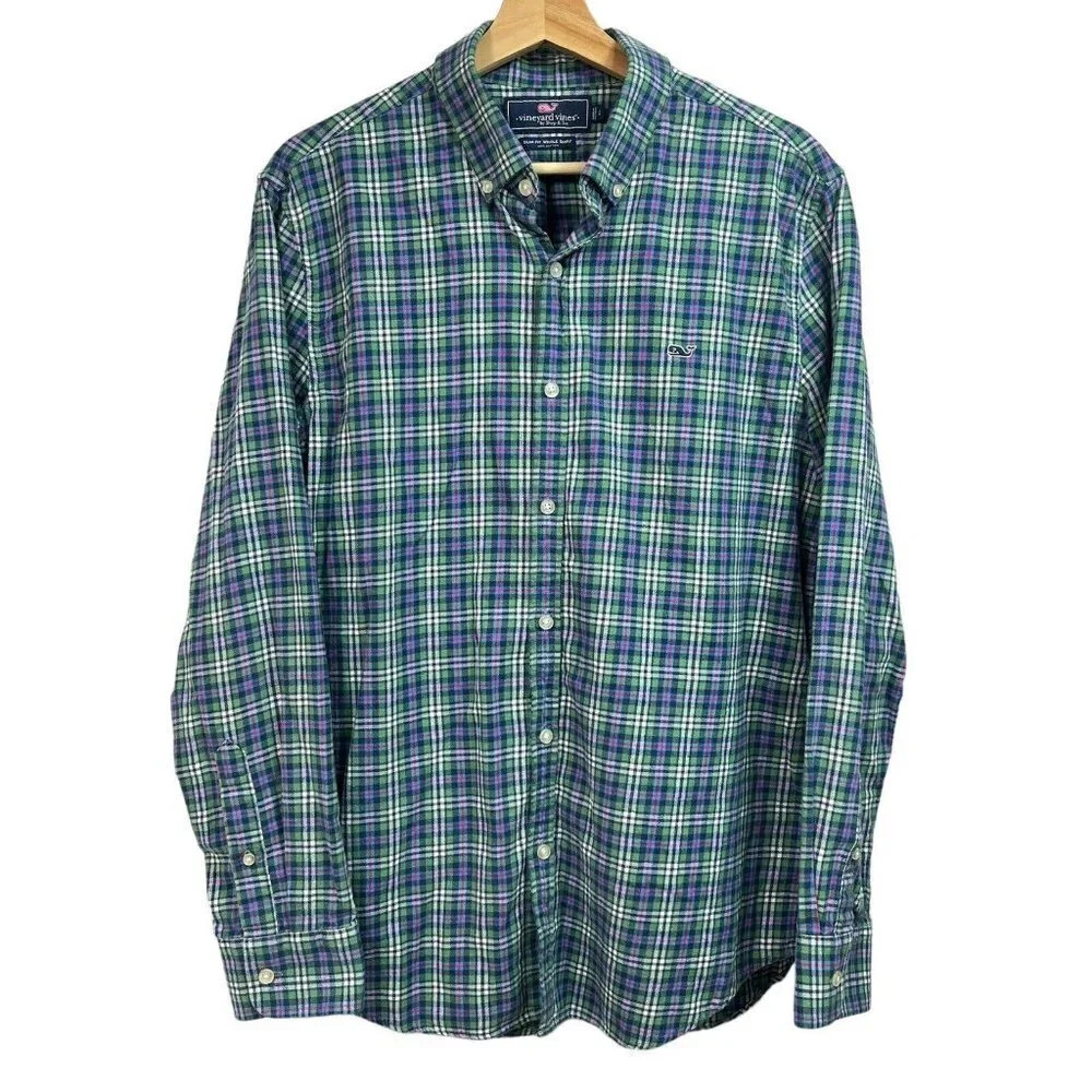 Vineyard Vines Men's L Flannel Button Up Slim Fit Whale Shirt Long Sleeve Plaid